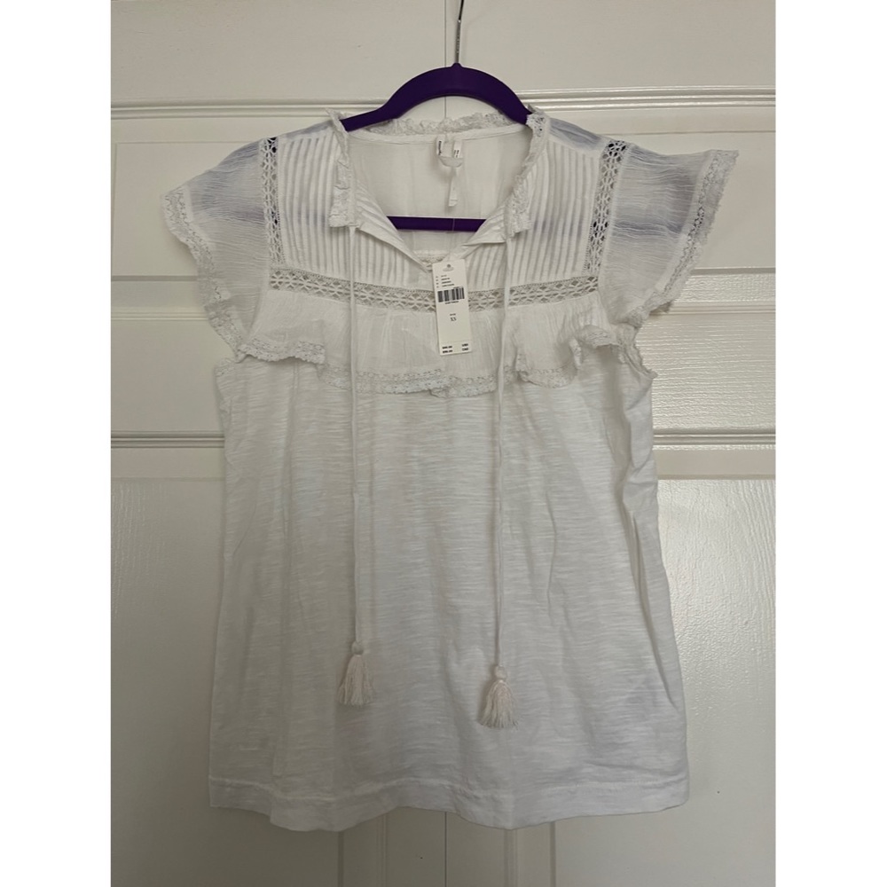 Anthropologie Flutter Sleeve Top with Lace and Tassel Detail